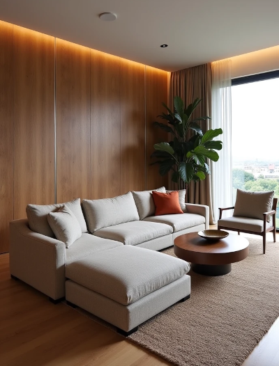 Sala de proporções adequadas com sofá e móveis volumosos demais, deixando pouca circulação e fazendo o ambiente parecer menor.