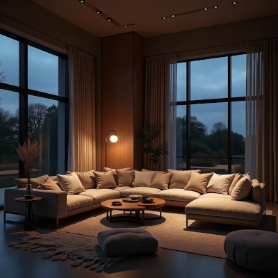 Sala contemporânea à noite com iluminação indireta e quente, criando áreas de luz suave e sombras acolhedoras.