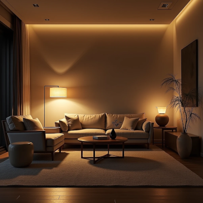 Sala elegante iluminada por diferentes pontos de luz em alturas variadas, criando zonas de conforto e profundidade visual.