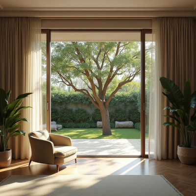 Sala contemporânea com uma poltrona voltada para uma grande janela que enquadra uma árvore e o jardim externo.