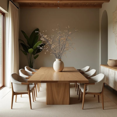 Sala de jantar contemporânea combinando madeira, pedra, cerâmica, linho e fibras naturais em diferentes texturas.