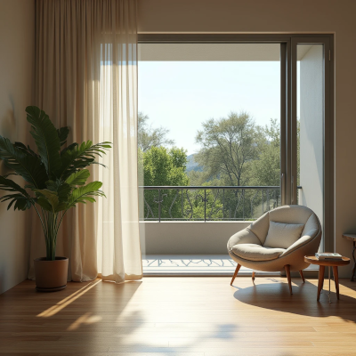 Sala integrada à varanda com cortina e folhas movimentadas pela brisa, enquanto sombras naturais aparecem no piso e na parede.