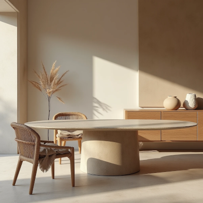 Sala neutra que combina superfícies lisas com tecidos, madeira e cerâmica de diferentes texturas.