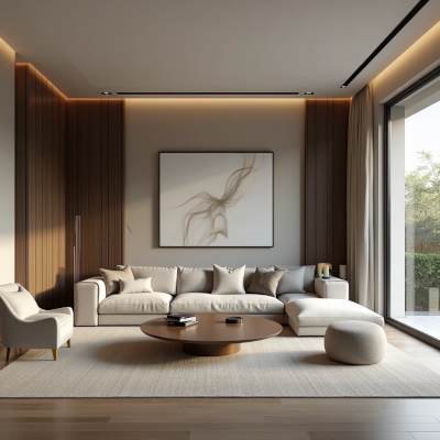 Sala contemporânea com predominância de linhas retas e uma mesa de centro arredondada criando contraste de formas.