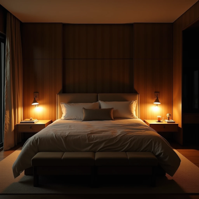 Quarto à noite iluminado apenas por pequenas luminárias laterais, criando uma atmosfera suave e tranquila.