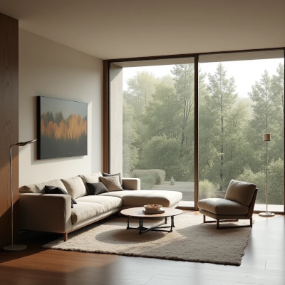 Sala de estar equilibrada e funcional, com circulação livre e poucos elementos, mostrando que um ambiente não precisa estar cheio para parecer completo.