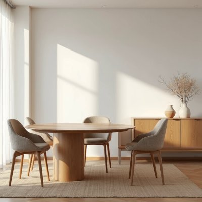 Sala de jantar com mesa e aparador de madeira natural, cadeiras de tecido e cerâmica artesanal em uma composição acolhedora.
