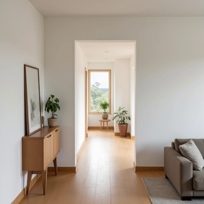 Sala de estar aberta para um corredor, com piso de madeira contínuo e elementos discretos que conectam os ambientes.
