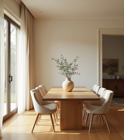 Sala de jantar elegante e iluminada, com mesa de madeira natural, cadeiras estofadas e luz suave, representando um ambiente que pode ganhar uma nova função conforme a vida muda.