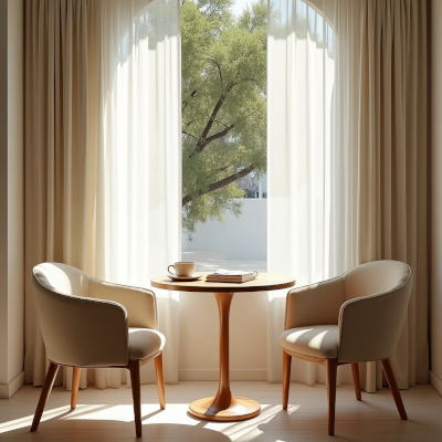 Canto de café junto à janela, com mesa de madeira, livro e luz natural, mostrando um espaço que acolhe diferentes momentos da rotina.