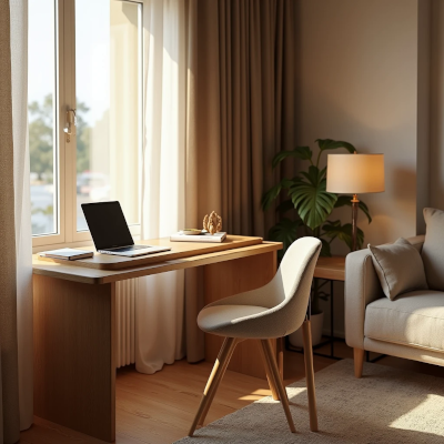 Espaço de trabalho compacto integrado à sala, com notebook fechado e um canto de descanso iluminado por luz natural.
