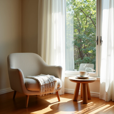 Poltrona confortável junto à janela, com uma pequena mesa de madeira e uma xícara de café, criando um espaço dedicado a uma pausa prazerosa.