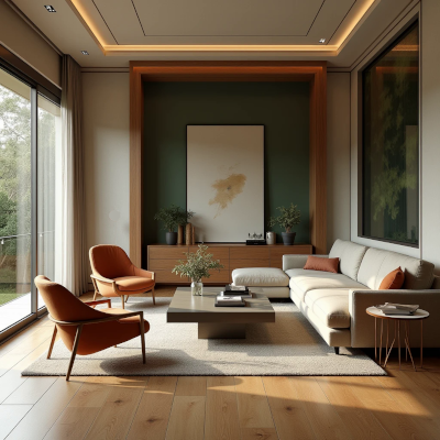 Sala de estar elegante e cuidadosamente decorada, com sofá, mesa de centro e poltrona afastados entre si, sugerindo um ambiente bonito, mas pouco utilizado.