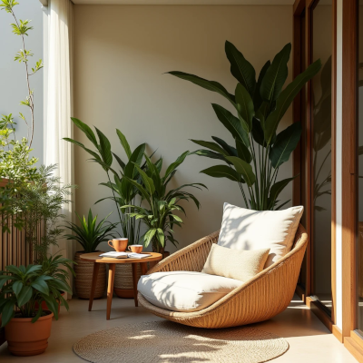 Varanda transformada em um pequeno espaço de descanso, com poltrona confortável, mesa lateral, livro, xícara de café e plantas.