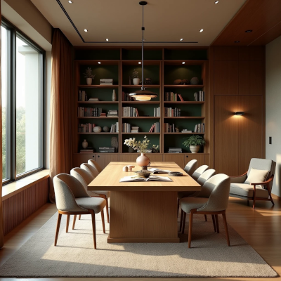 Sala de jantar reinterpretada como biblioteca, com mesa de madeira, estante de livros e poltrona de leitura junto à janela.