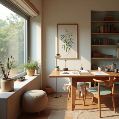 Quarto extra transformado em ateliê, com mesa de trabalho, cadernos, pincéis, materiais artísticos e prateleiras organizadas.